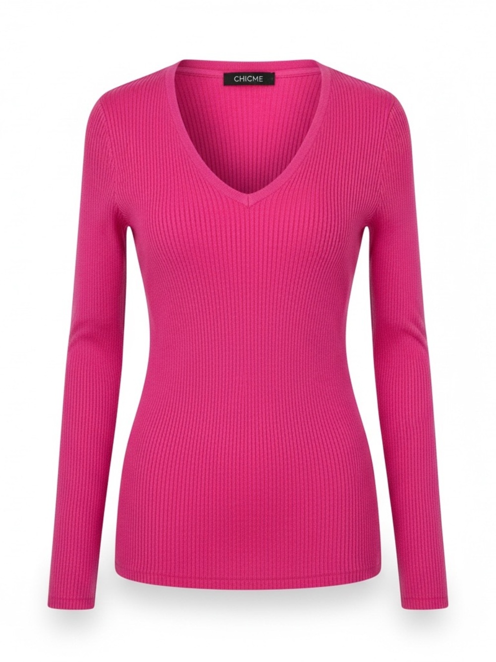Women's Chic Me Long Sleeved Built In Shelf Bra Ribbed Knit Top In Hot Pink Lg